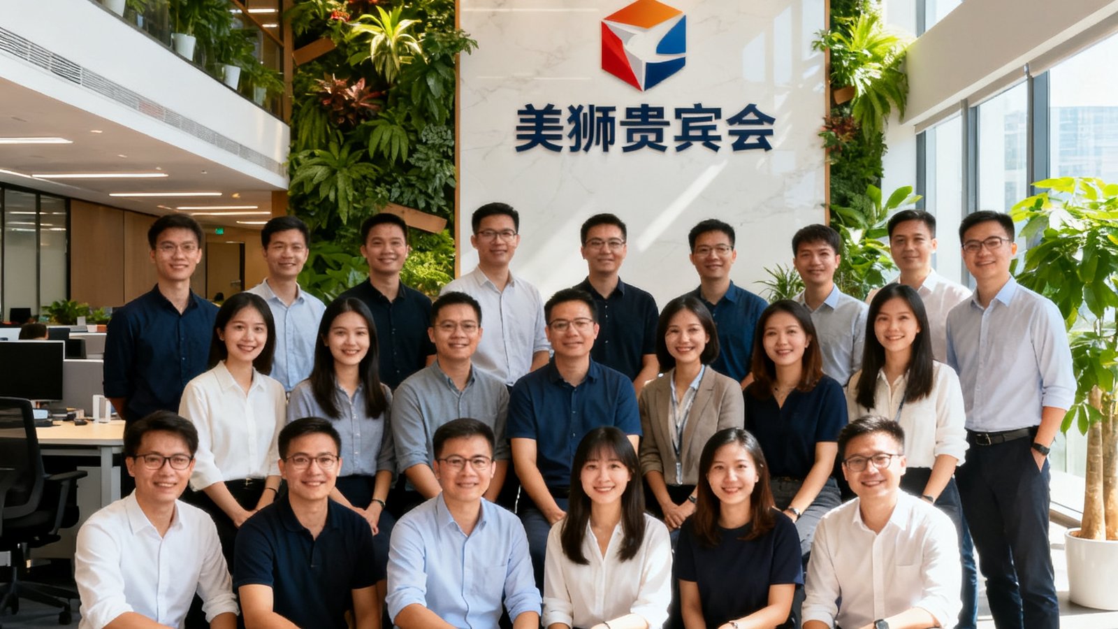 美狮贵宾会深圳总部核心团队25人在阳光充沛的开放式办公区合影，背景为公司品牌墙和绿植装饰，团队成员面带自信微笑穿着商务休闲装，展现专业而亲和的企业文化