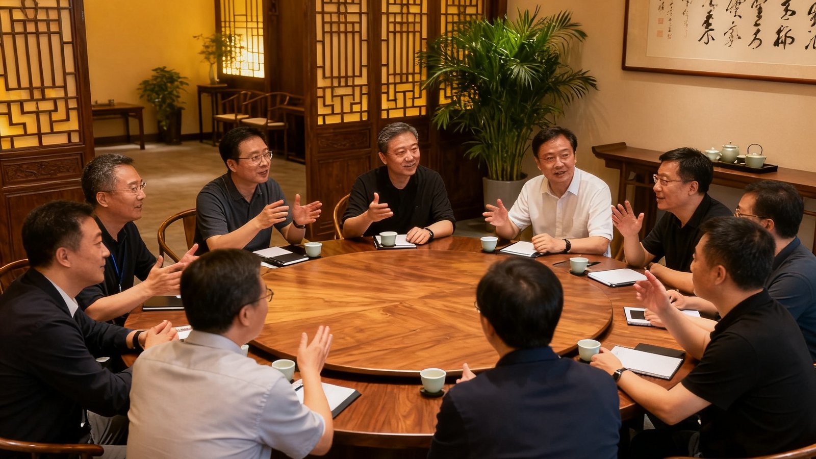 北京场闭门沙龙活动回顾照片，展示圆桌讨论环节企业家们热烈交流的场景，会议室采用新中式设计风格